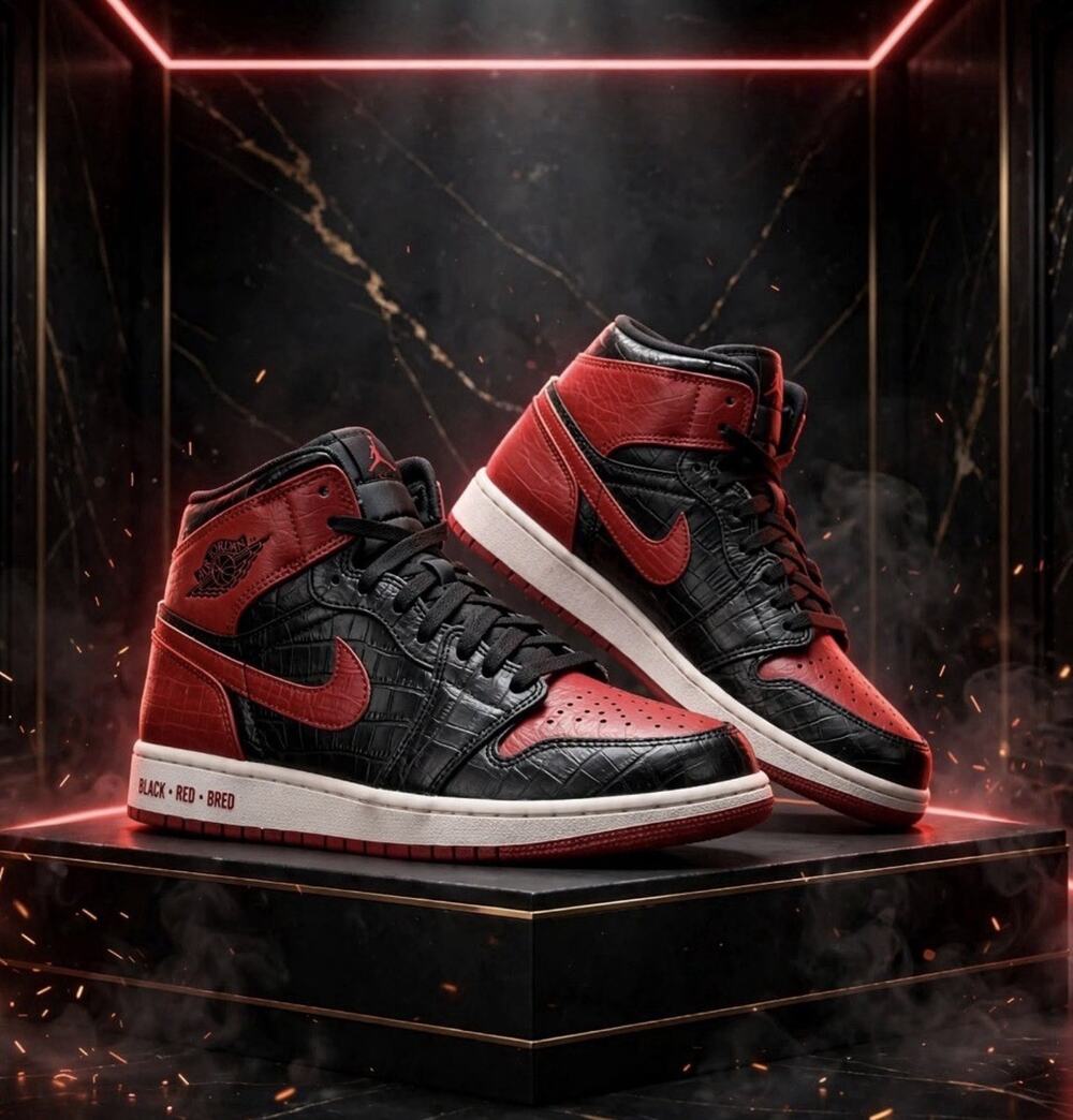 Size 6.5Y 8W - Air Jordan 1 Mid Black Red Bred DM9650-001 GS Youth Croc Leather